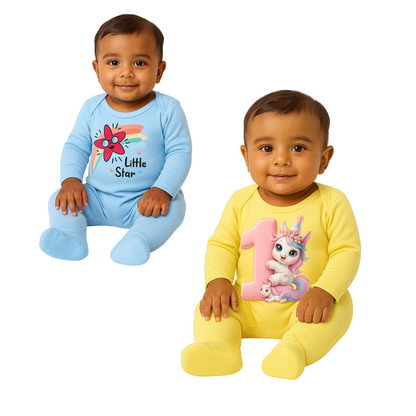 Softlia Pack of 2 – Sky Blue & Yellow Full Printed Baby Rompers