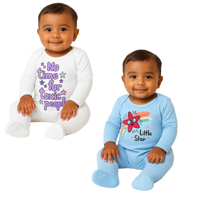 Softlia Pack of 2 – White & Sky Blue Full Printed Baby Rompers