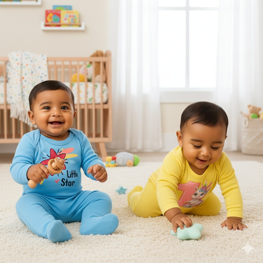 Softlia Pack of 2 – Sky Blue & Yellow Full Printed Baby Rompers